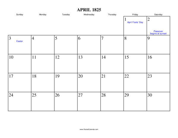 April 1825 Calendar