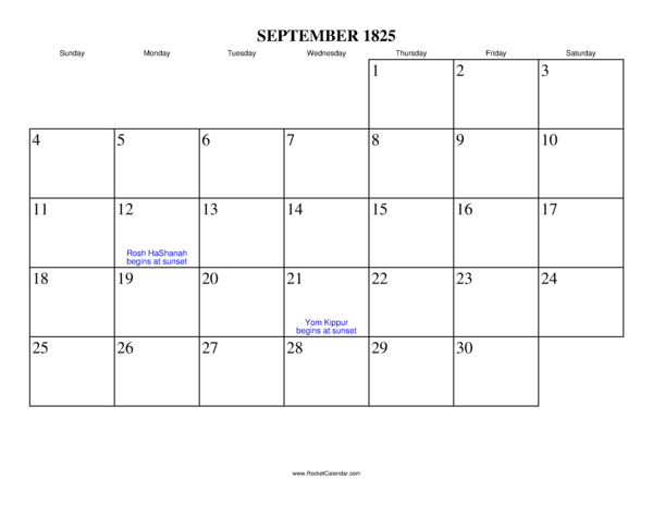 September 1825 Calendar