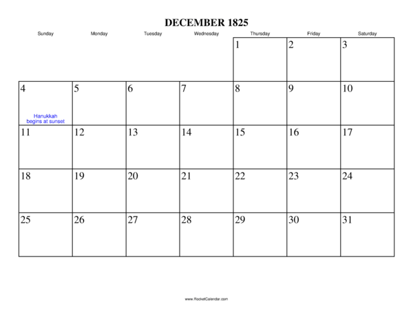 December 1825 Calendar