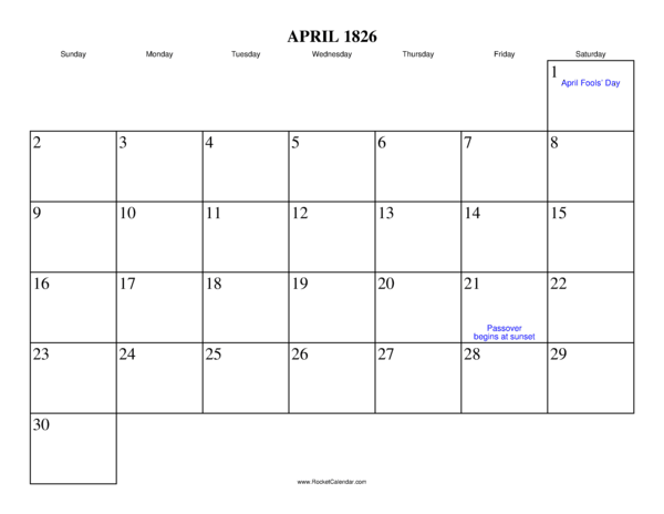 April 1826 Calendar