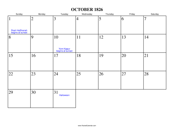 October 1826 Calendar