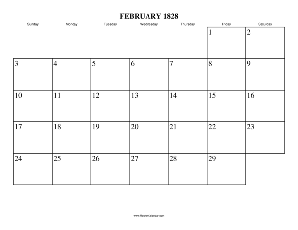 February 1828 Calendar
