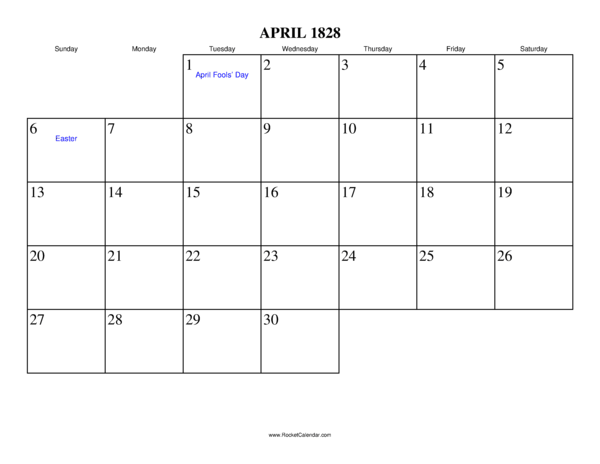 April 1828 Calendar