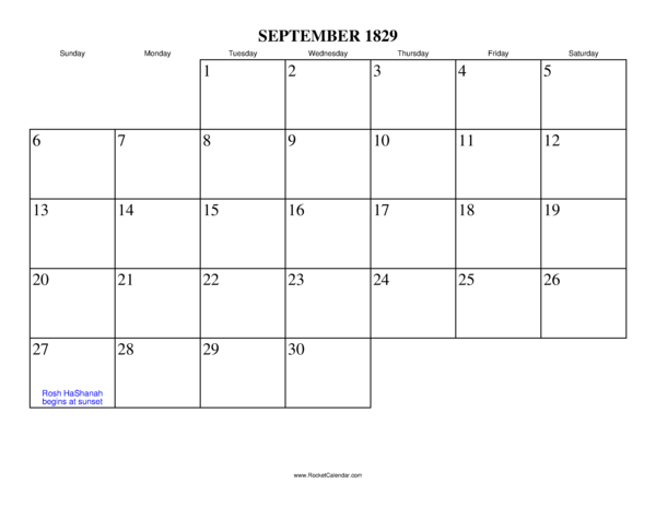 September 1829 Calendar