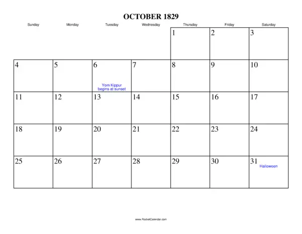 October 1829 Calendar