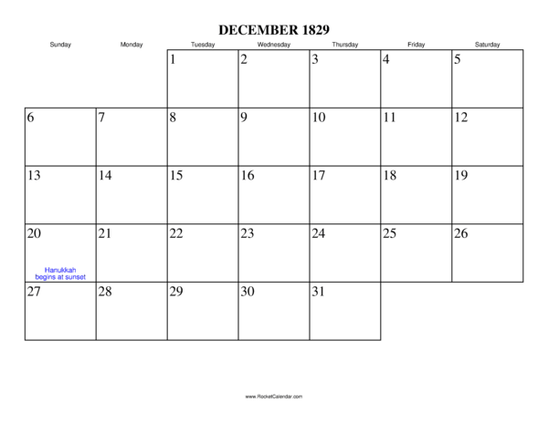 December 1829 Calendar