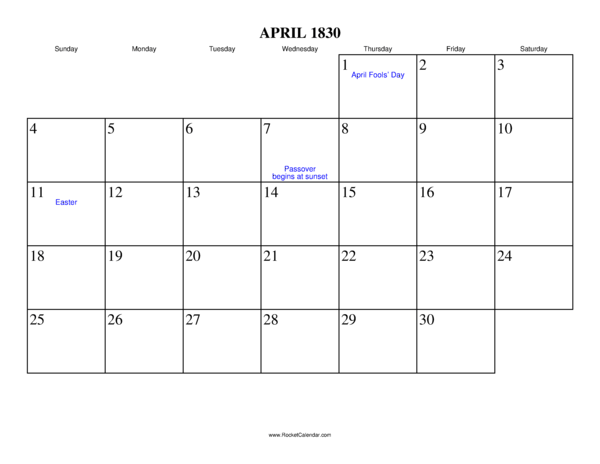 April 1830 Calendar