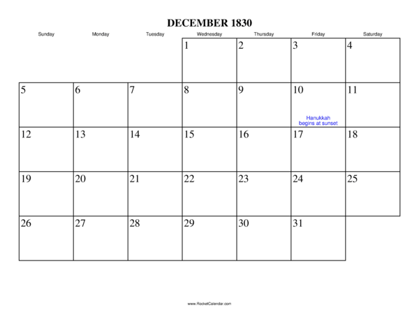 December 1830 Calendar