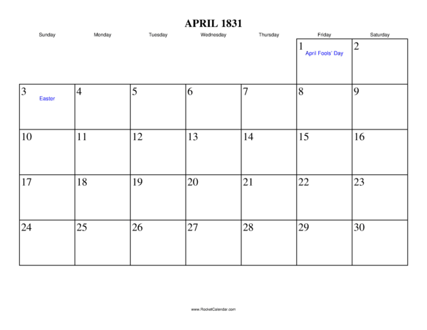 April 1831 Calendar