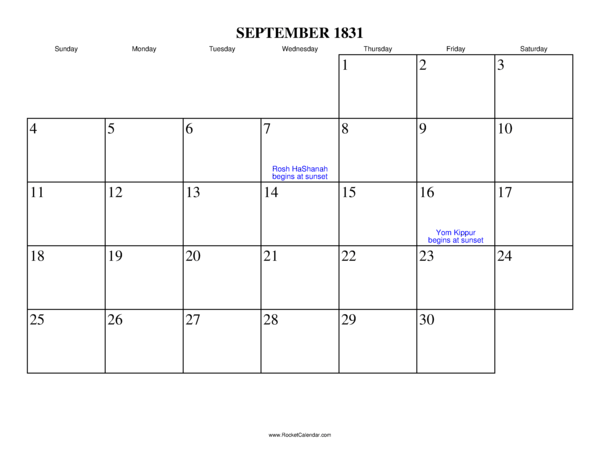 September 1831 Calendar