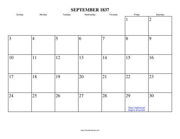 September 1837 Calendar