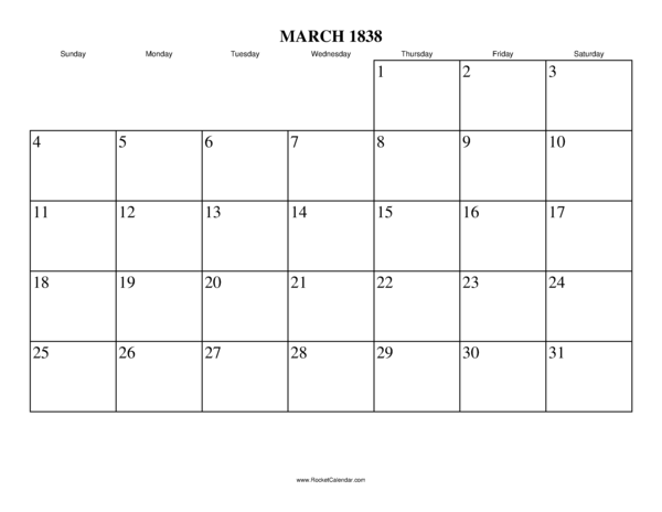 March 1838 Calendar