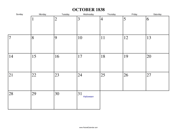 October 1838 Calendar