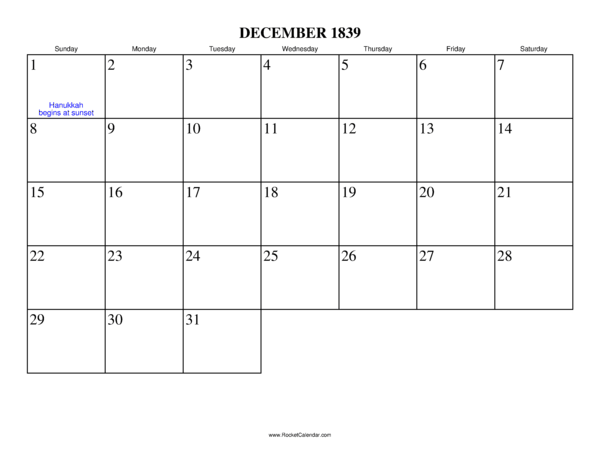 December 1839 Calendar