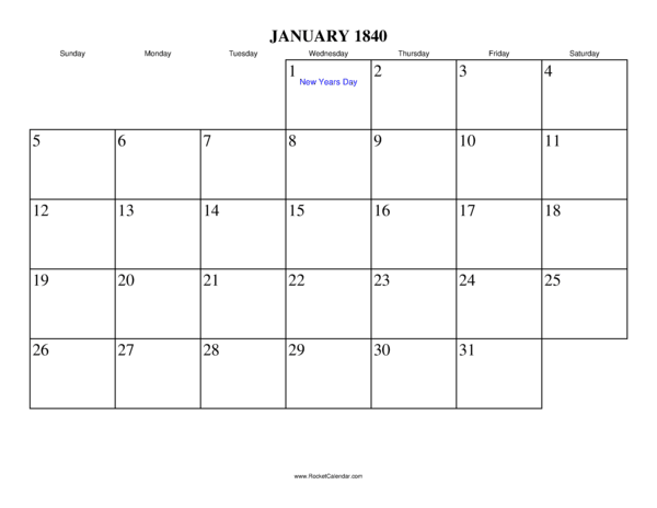 January 1840 Calendar