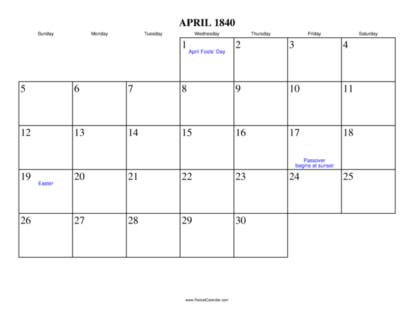 April 1840 Calendar