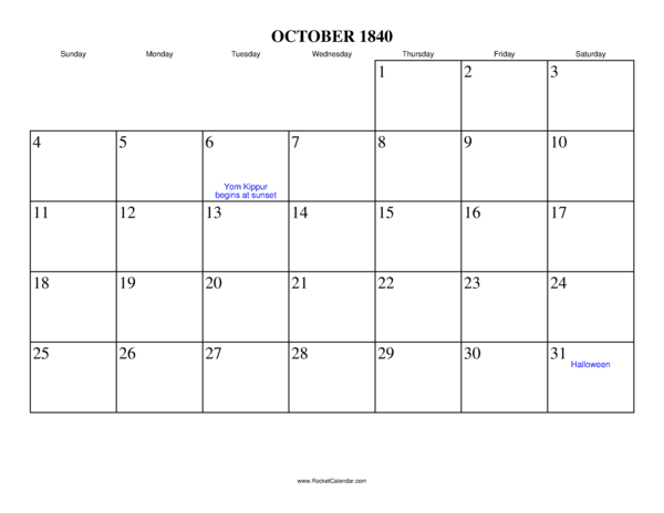 October 1840 Calendar