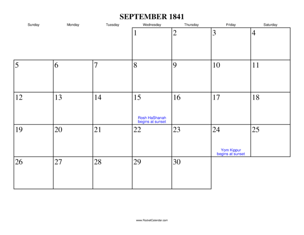 September 1841 Calendar