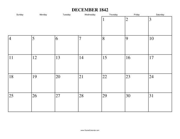 December 1842 Calendar