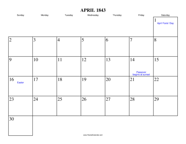 April 1843 Calendar