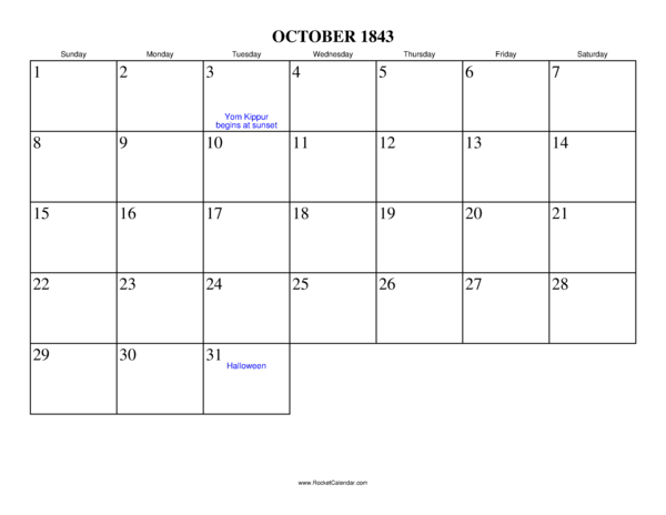 October 1843 Calendar
