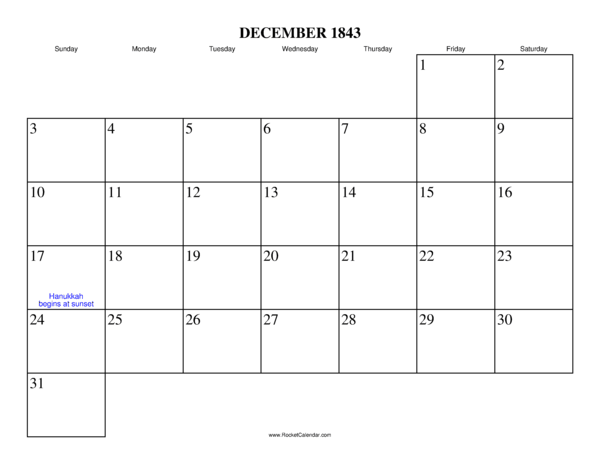 December 1843 Calendar