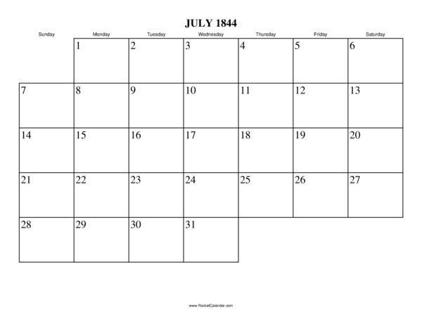 July 1844 Calendar