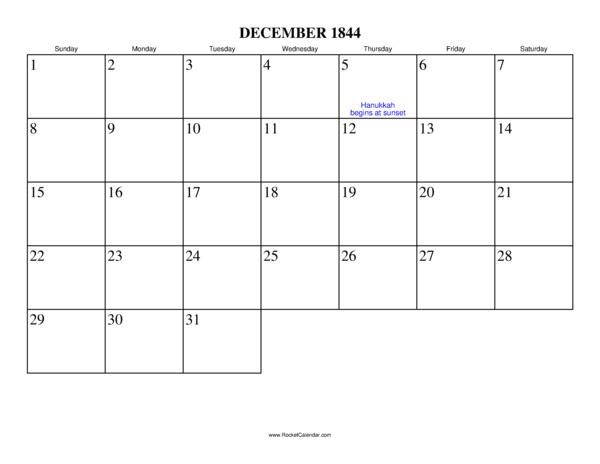 December 1844 Calendar