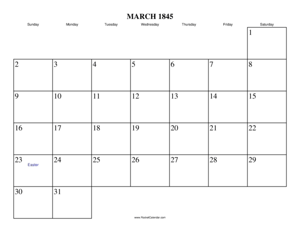 March 1845 Calendar