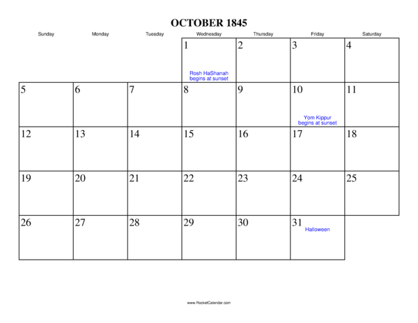 October 1845 Calendar