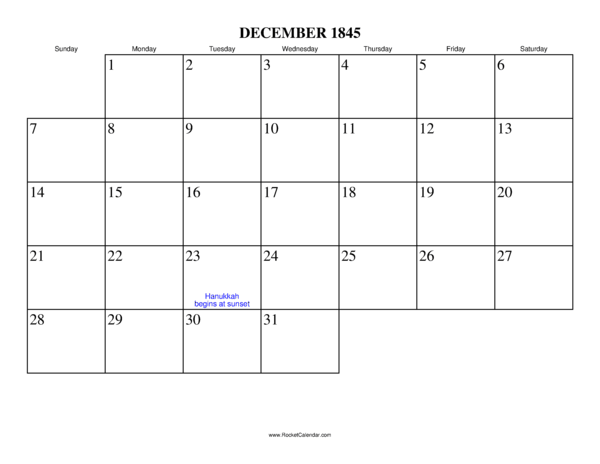 December 1845 Calendar