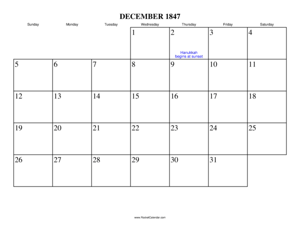December 1847 Calendar