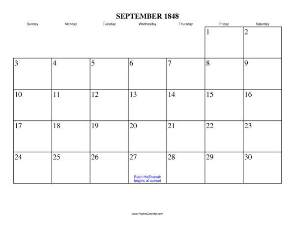 September 1848 Calendar