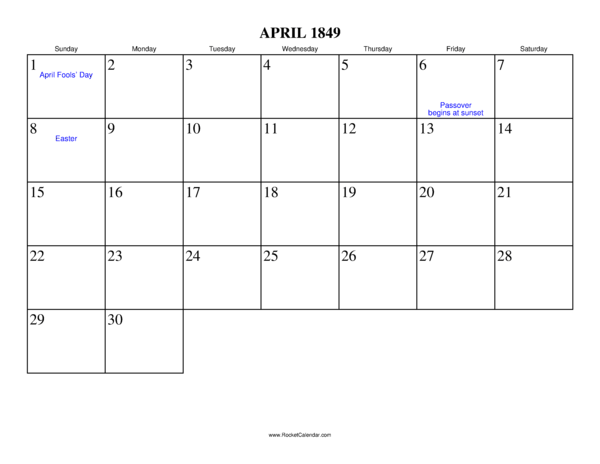 April 1849 Calendar