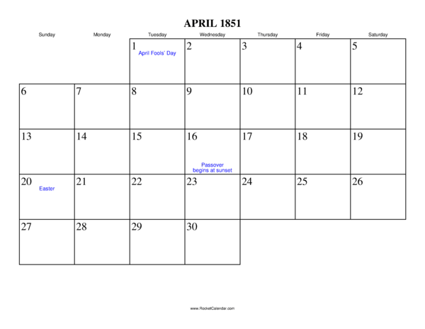 April 1851 Calendar