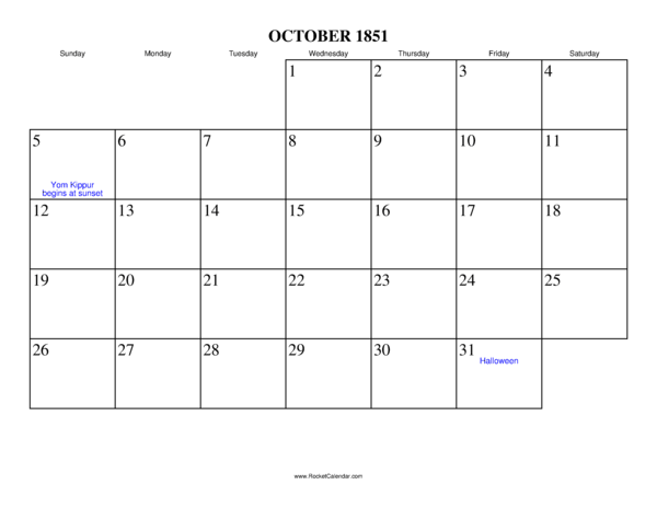 October 1851 Calendar