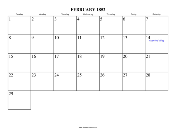 February 1852 Calendar