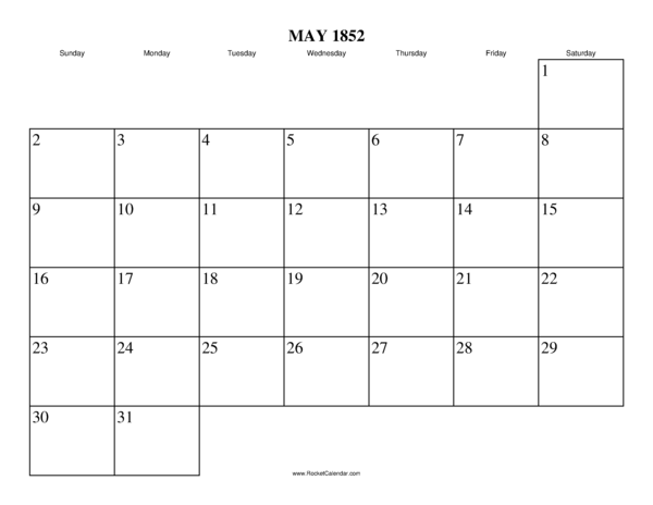 May 1852 Calendar