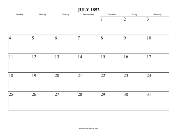 July 1852 Calendar