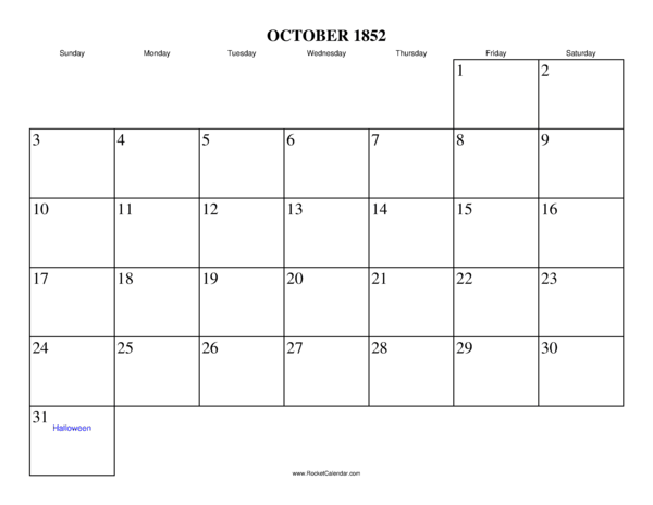 October 1852 Calendar