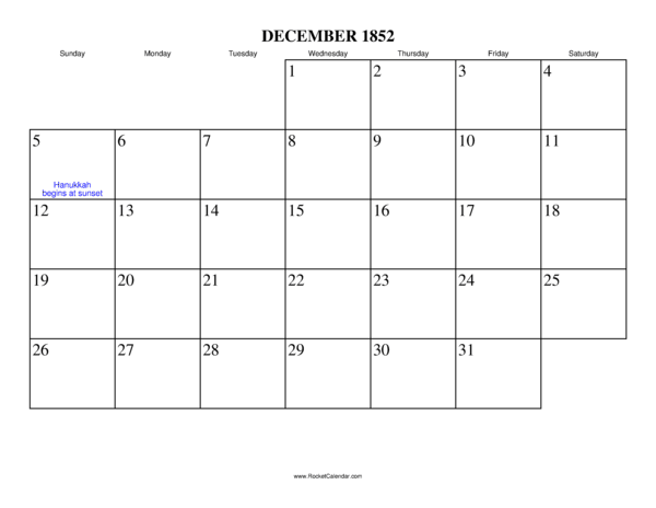 December 1852 Calendar