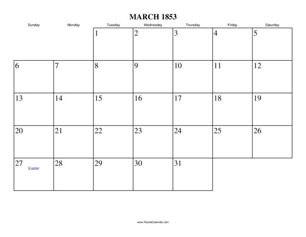 March 1853 Calendar