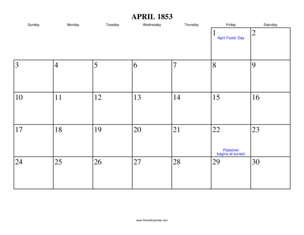 April 1853 Calendar