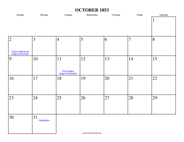 October 1853 Calendar