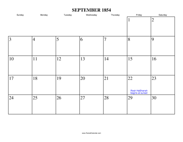 September 1854 Calendar