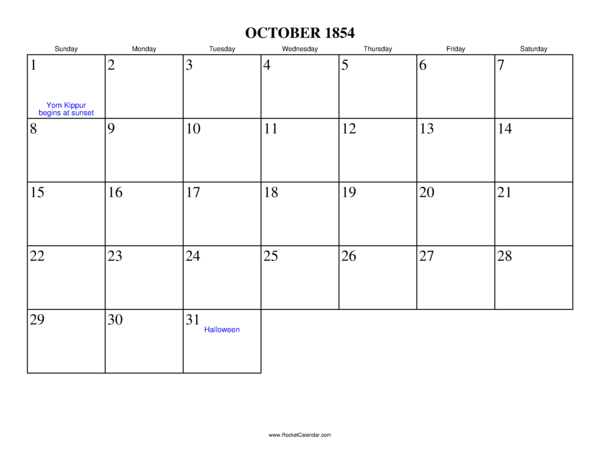 October 1854 Calendar