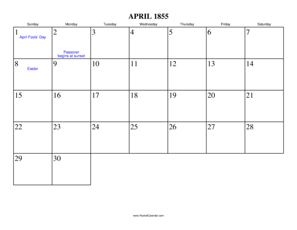 April 1855 Calendar