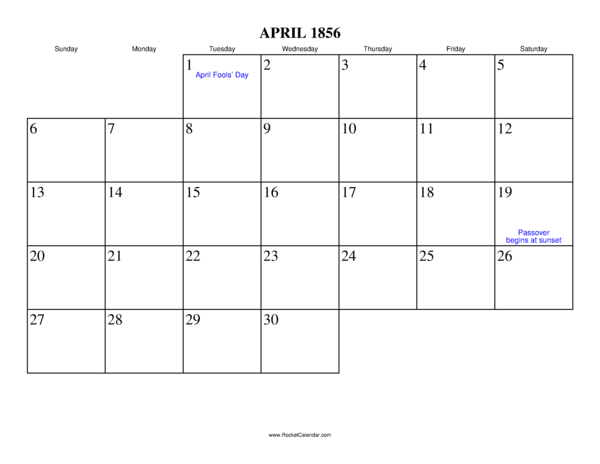 April 1856 Calendar