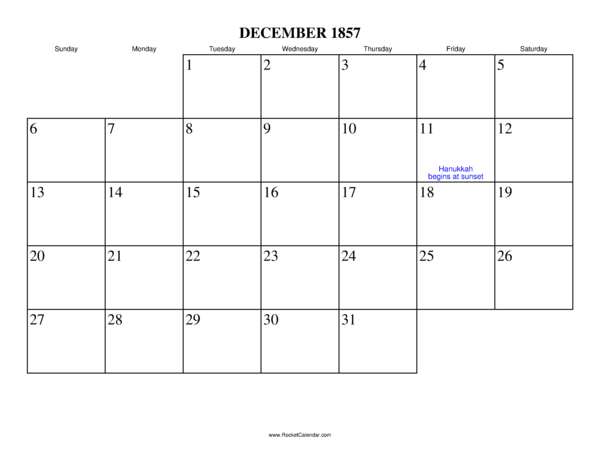 December 1857 Calendar