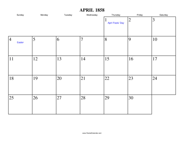 April 1858 Calendar